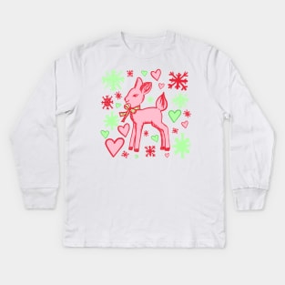 Retro Baby Deer in Red and Green with Hearts and Snowflakes Kids Long Sleeve T-Shirt